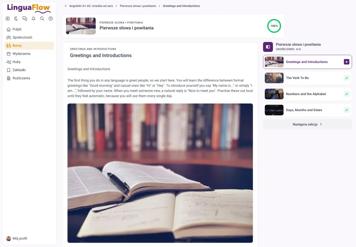 Widok lekcji w MemberArea z perspektywy kursanta z postępem w module, tekstem lekcji i listą lekcji w sekcji