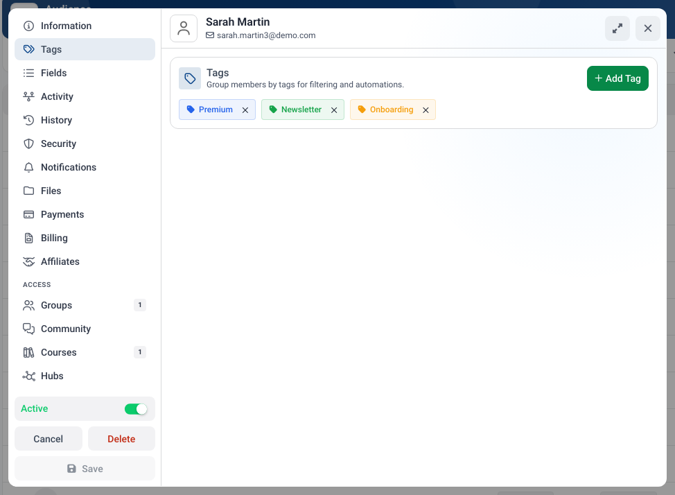 Member profile in MemberArea with the tabs for information, tags, activity, payments and course access, showing three tags on one member