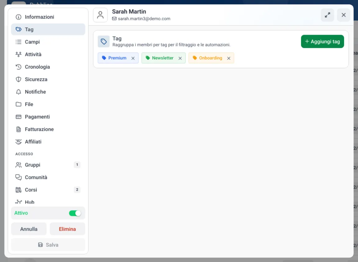 Profilo di un iscritto in MemberArea con le schede informazioni, tag, attività, pagamenti e accesso ai corsi, con tre tag su un iscritto