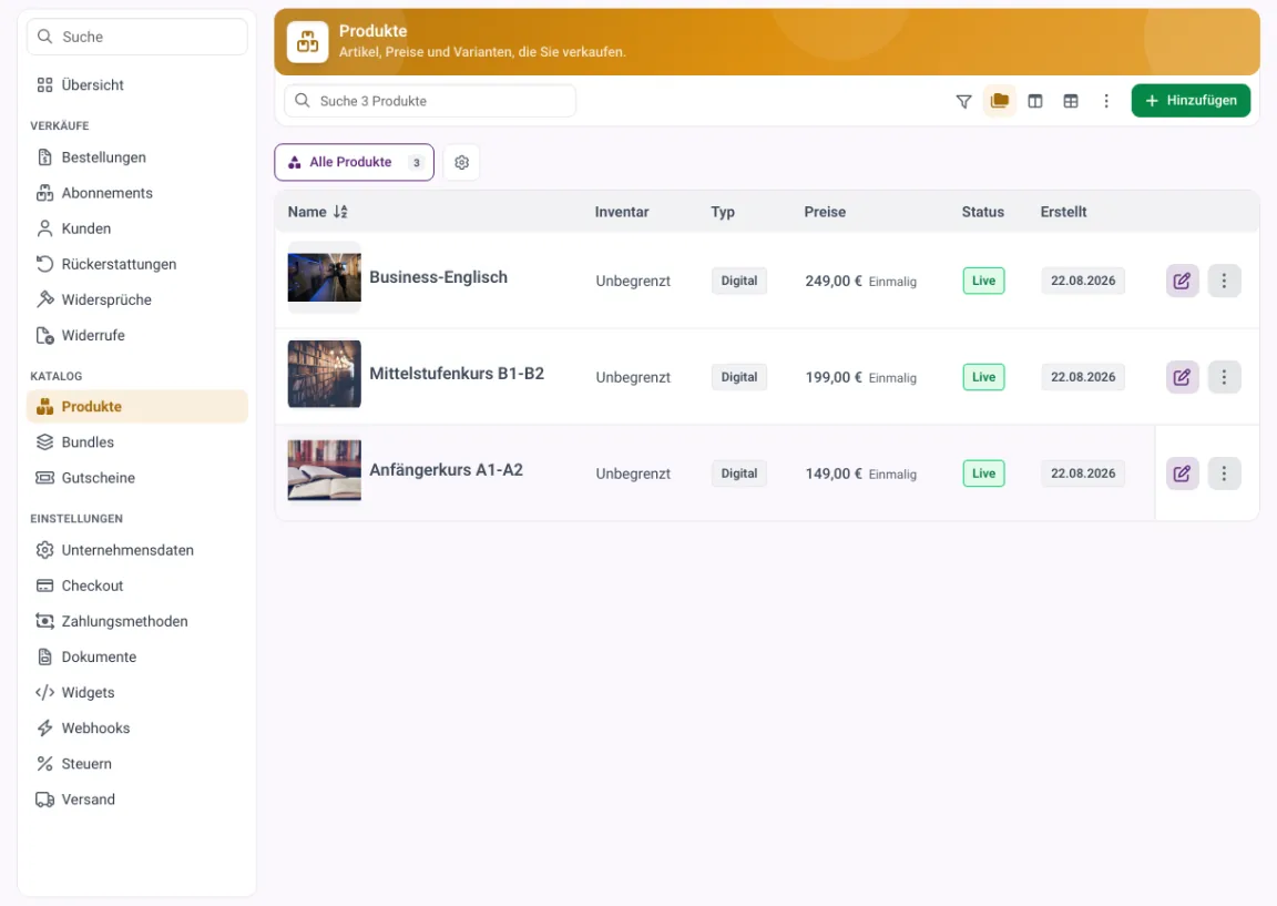 Produktkatalog in MemberArea mit Einmalprodukten und Abos, Preisen und Status je Produkt