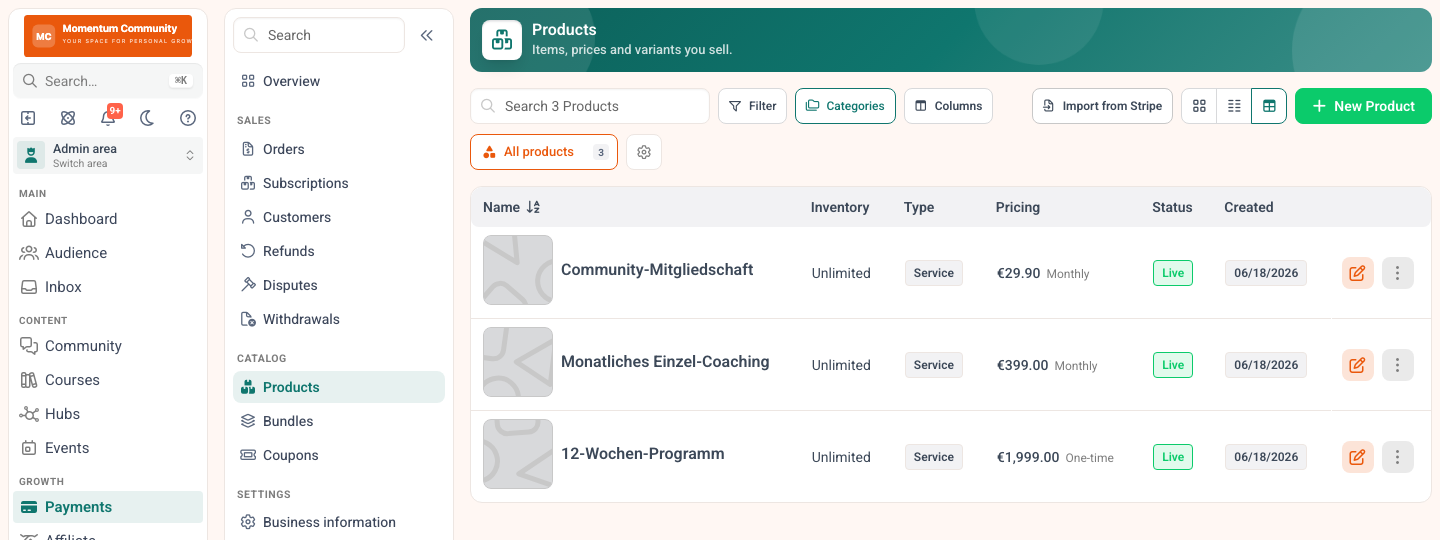 Product catalogue in MemberArea with one-off products and subscriptions, prices and status per product