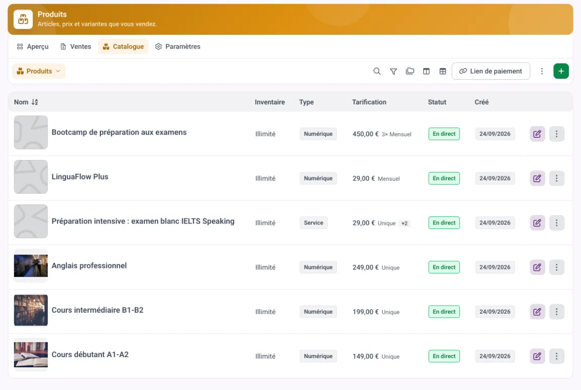 Catalogue de produits dans MemberArea avec le prix, le type de facturation et le statut de chaque produit