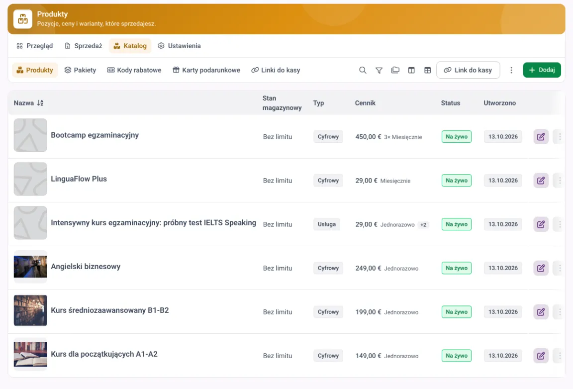 Katalog produktów w MemberArea z produktami jednorazowymi i subskrypcjami, cenami i statusem każdego produktu