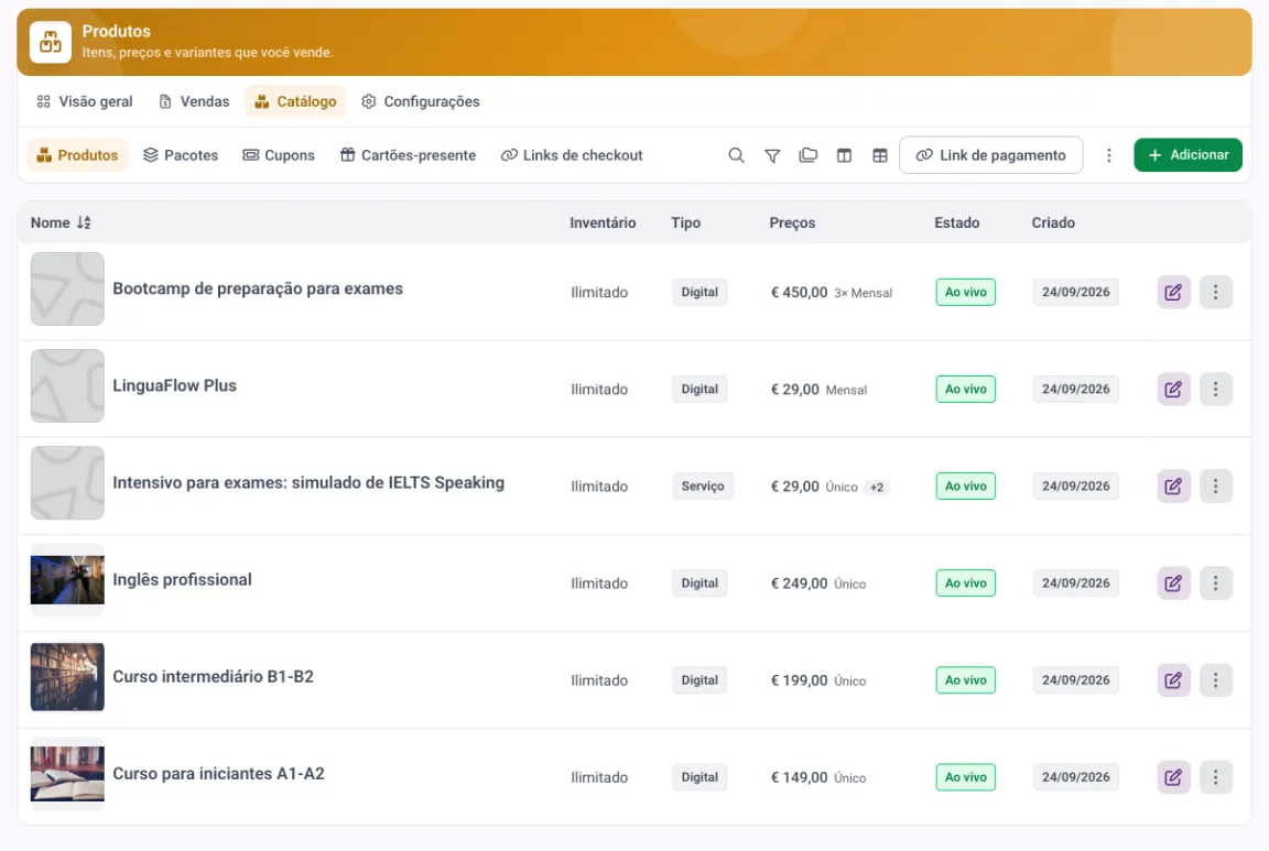 Catálogo de produtos no MemberArea com planos avulsos e recorrentes, preços e status de cada produto