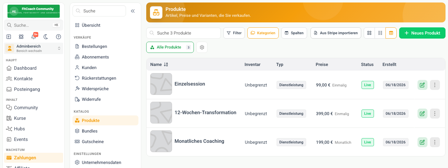 Produktkatalog in MemberArea mit Einmalprodukten und Abos, Preisen und Status je Produkt