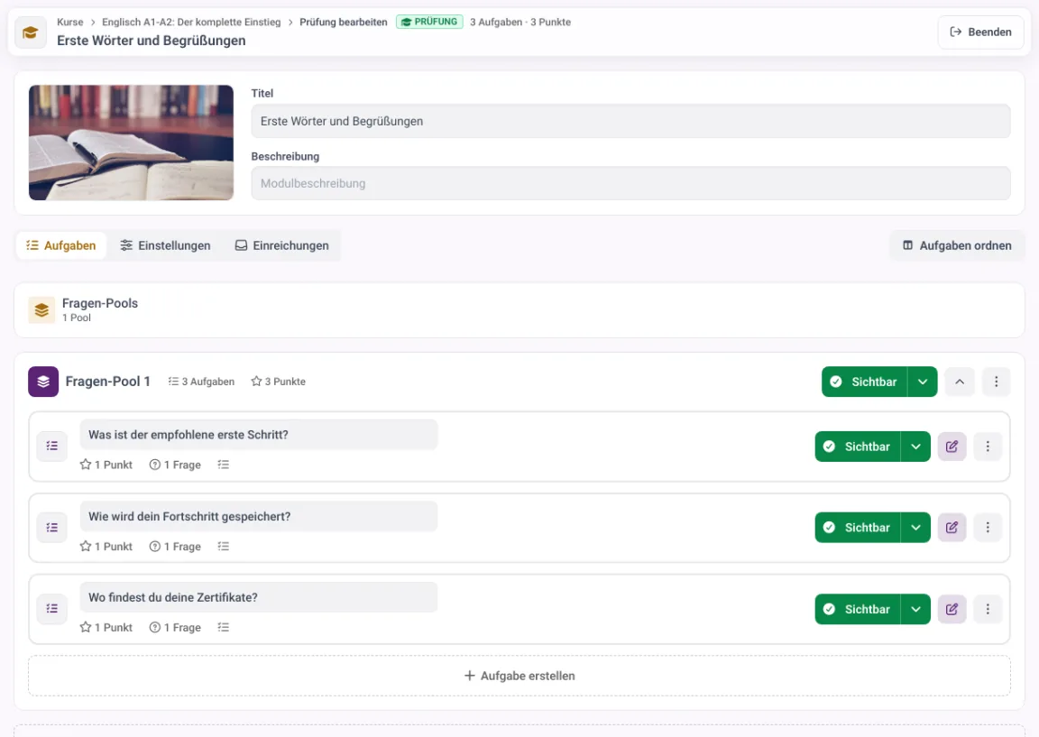 Prüfungs-Editor in MemberArea mit einem Fragenpool und den zugehörigen Aufgaben