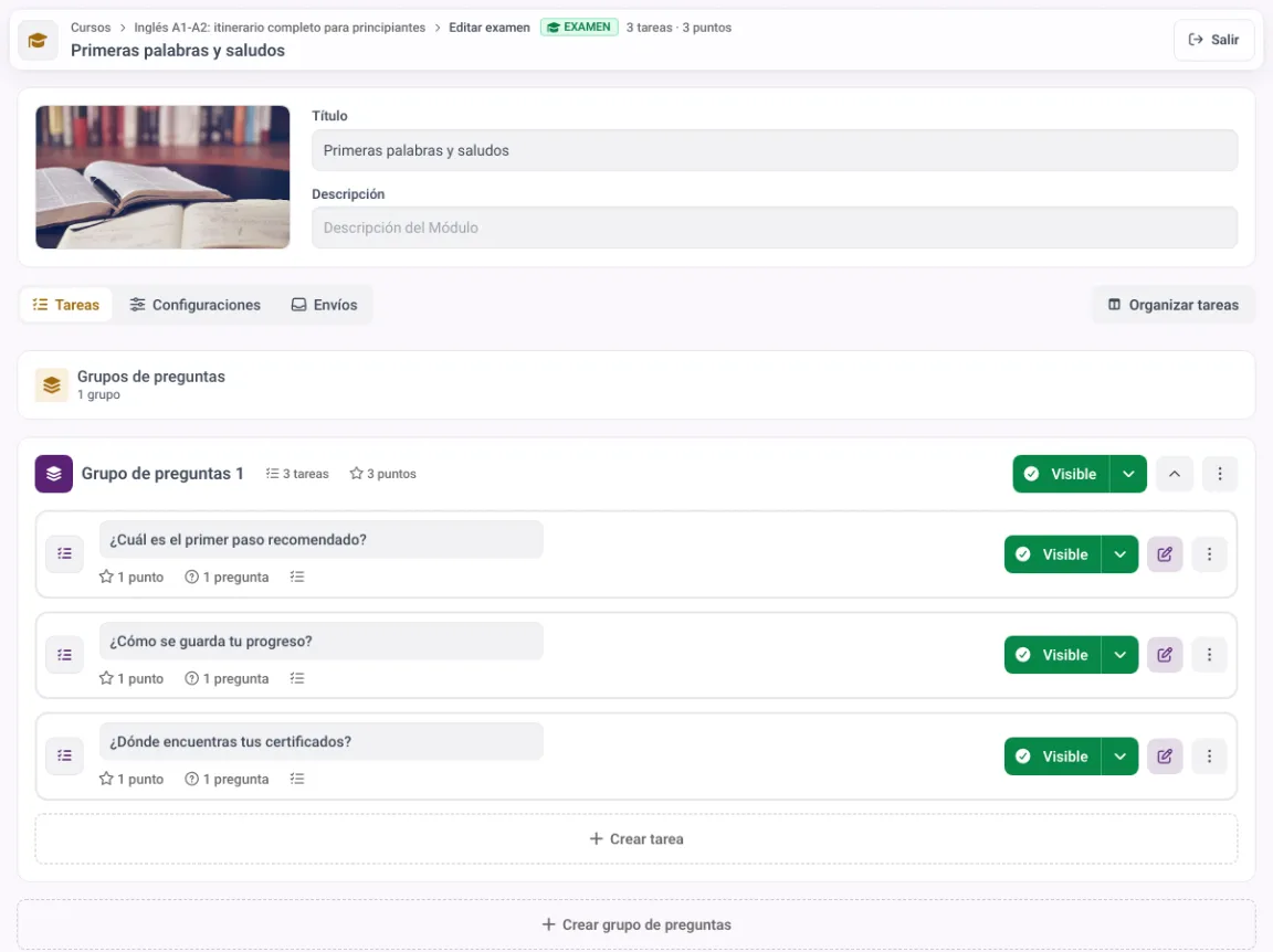 Editor de preguntas en MemberArea con un banco de preguntas y su puntuación