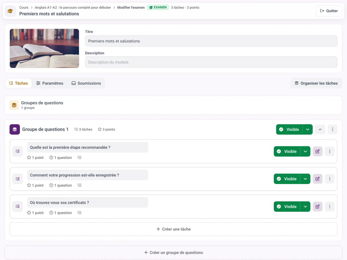 Éditeur de questions dans MemberArea avec une banque de questions et leur barème