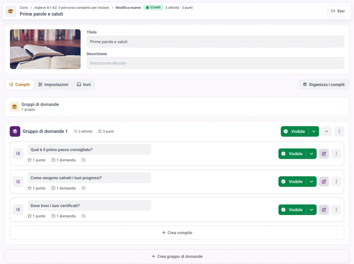 Editor delle domande in MemberArea con una banca di domande e il relativo punteggio