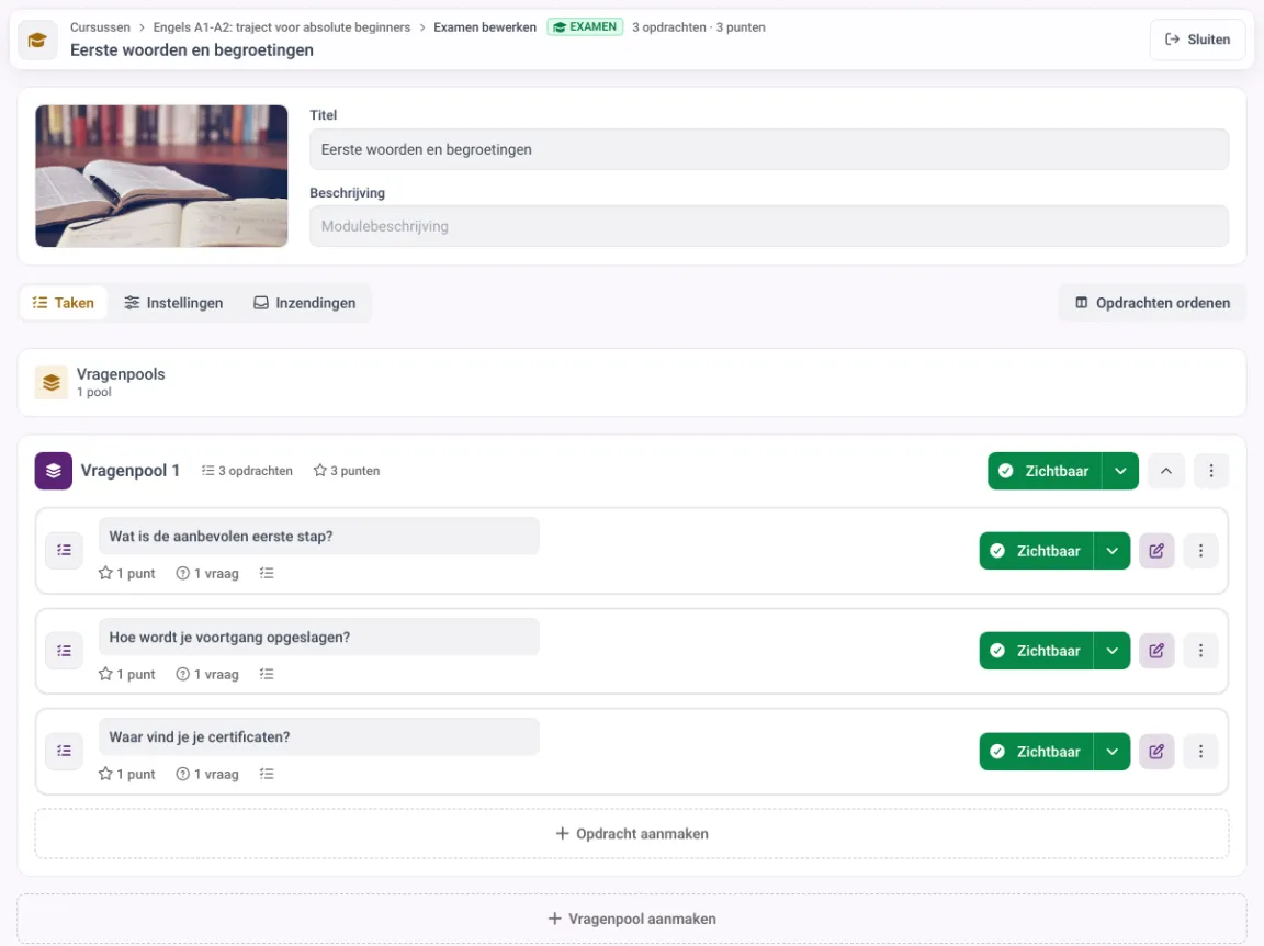 Vragenbouwer in MemberArea met een vragenpool en de puntentelling per vraag