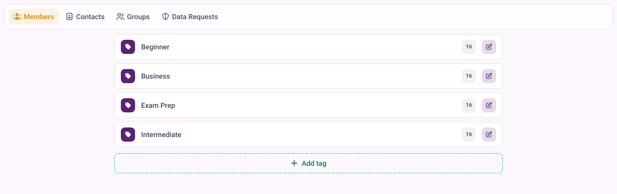 Tag overview in MemberArea with labels such as beginner or advanced and the number of members assigned to each