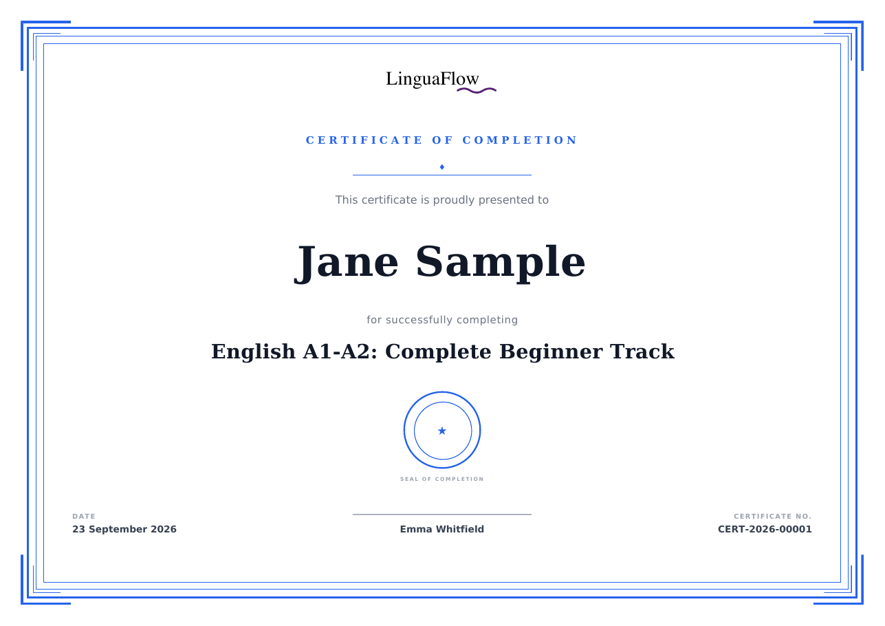 Automatically generated certificate in MemberArea with name, course title and completion date