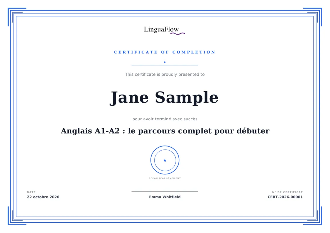 Certificat délivré automatiquement dans MemberArea avec le nom de l’apprenant, le titre de la formation et la date de réussite