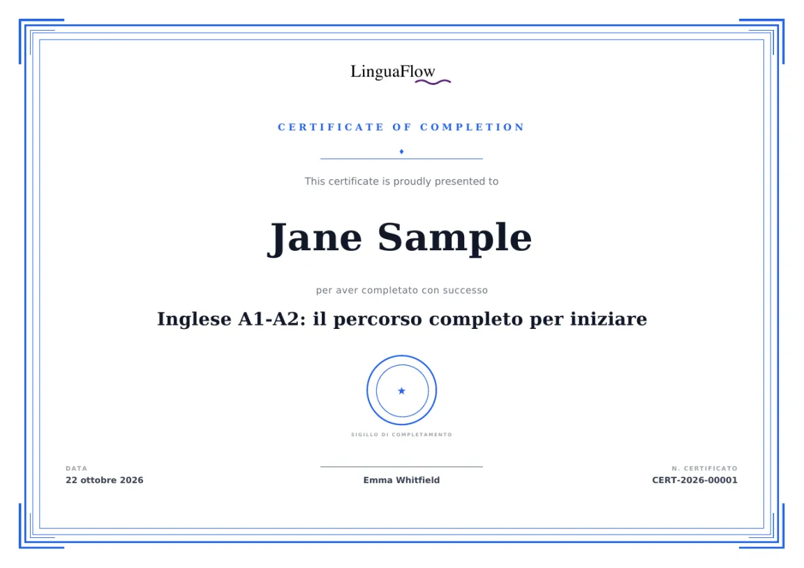Certificato emesso automaticamente in MemberArea con nome del partecipante, titolo del corso e data di completamento
