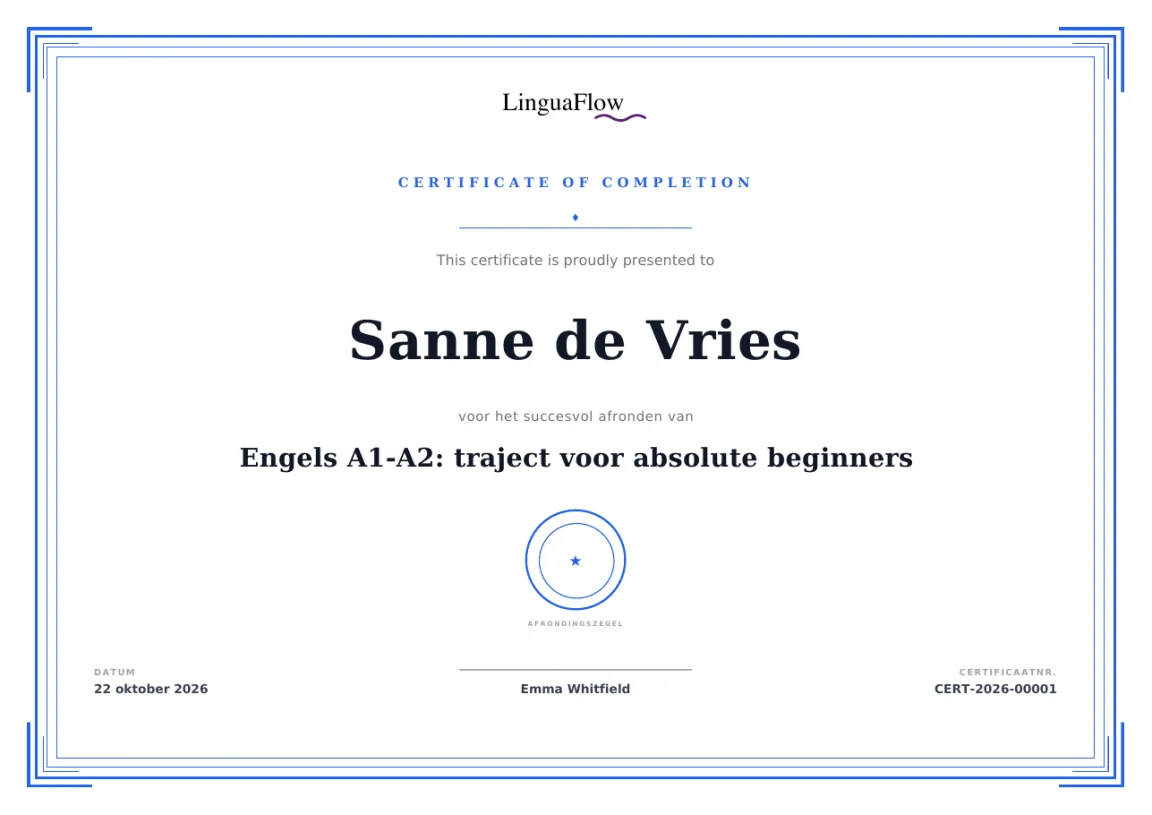 Automatisch uitgegeven certificaat in MemberArea met de naam van de cursist, de cursustitel en de datum van afronding